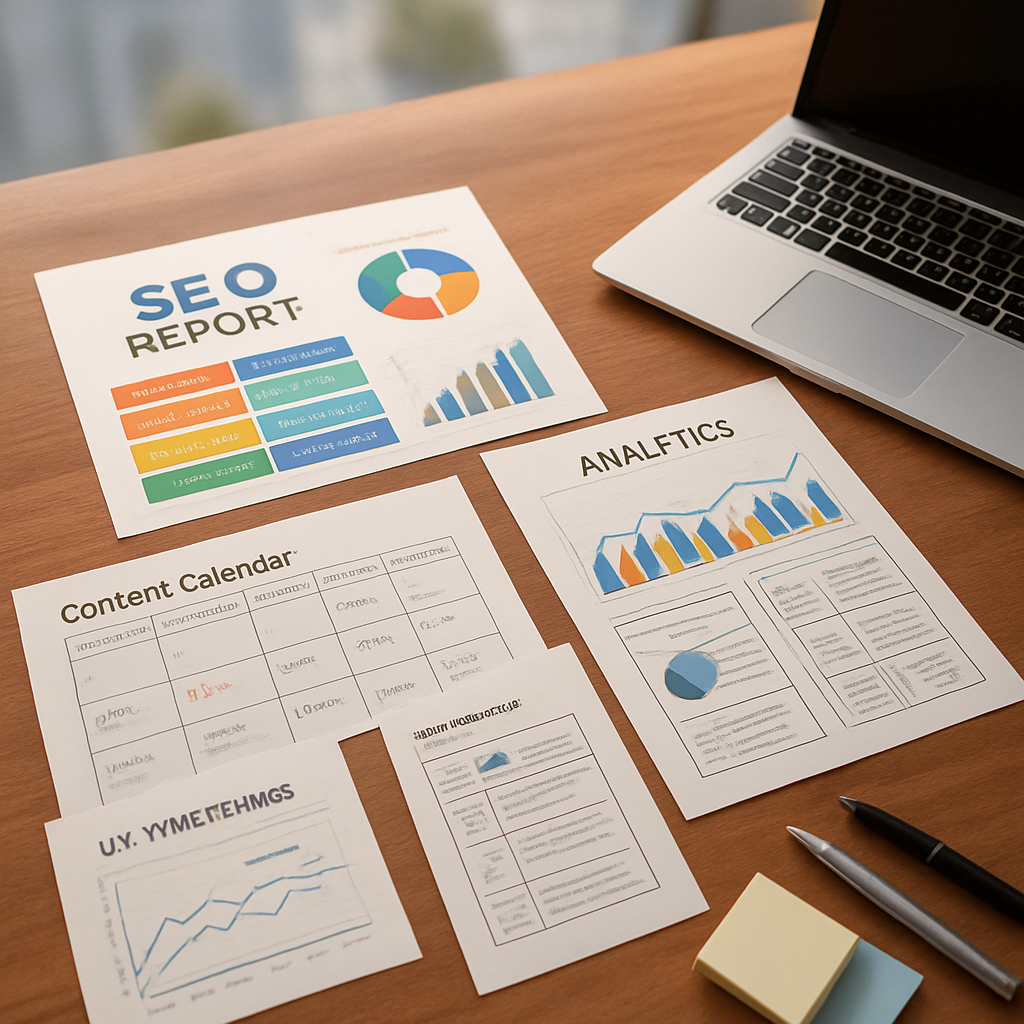 Flat lay of SEO reports, analytics charts, and content planning tools for website performance.