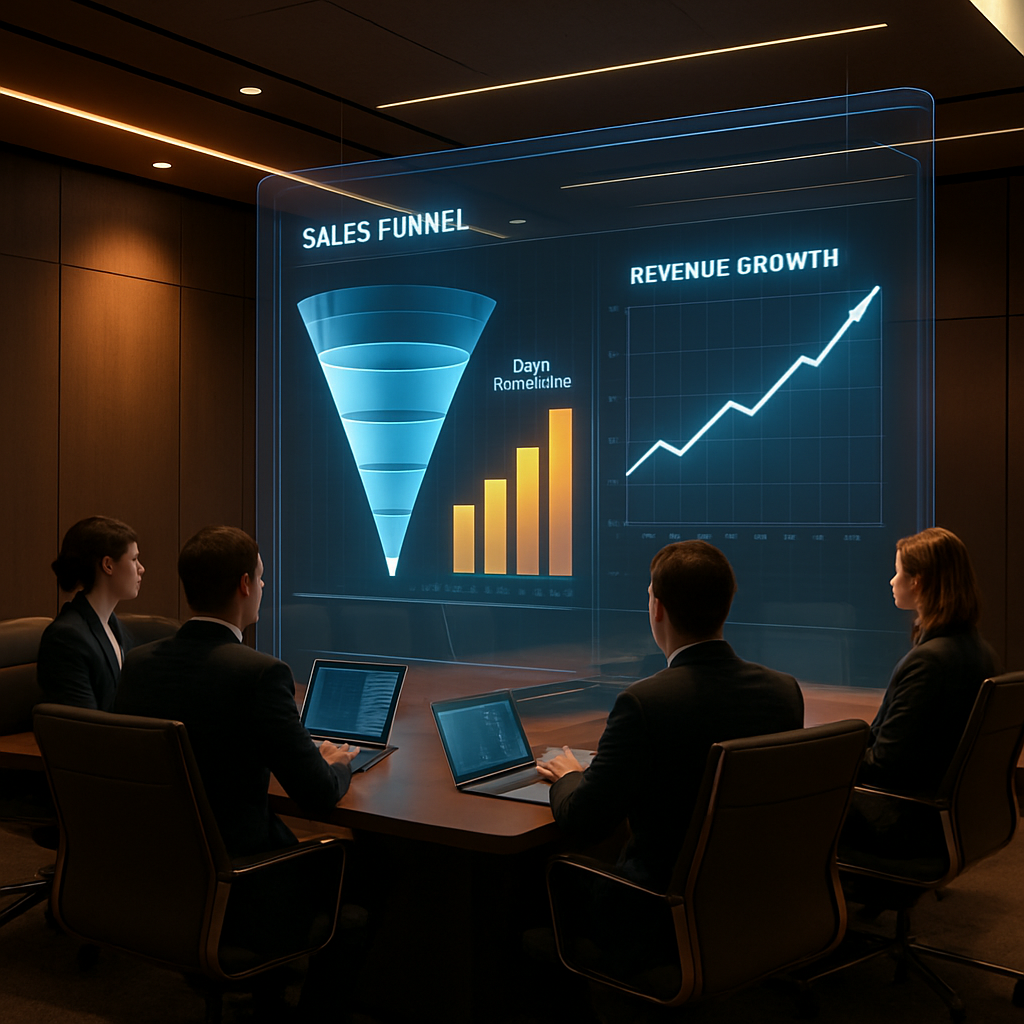 Photorealistic high-tech office with transparent holographic displays showing sales analytics and revenue charts, sleek modern design without people.