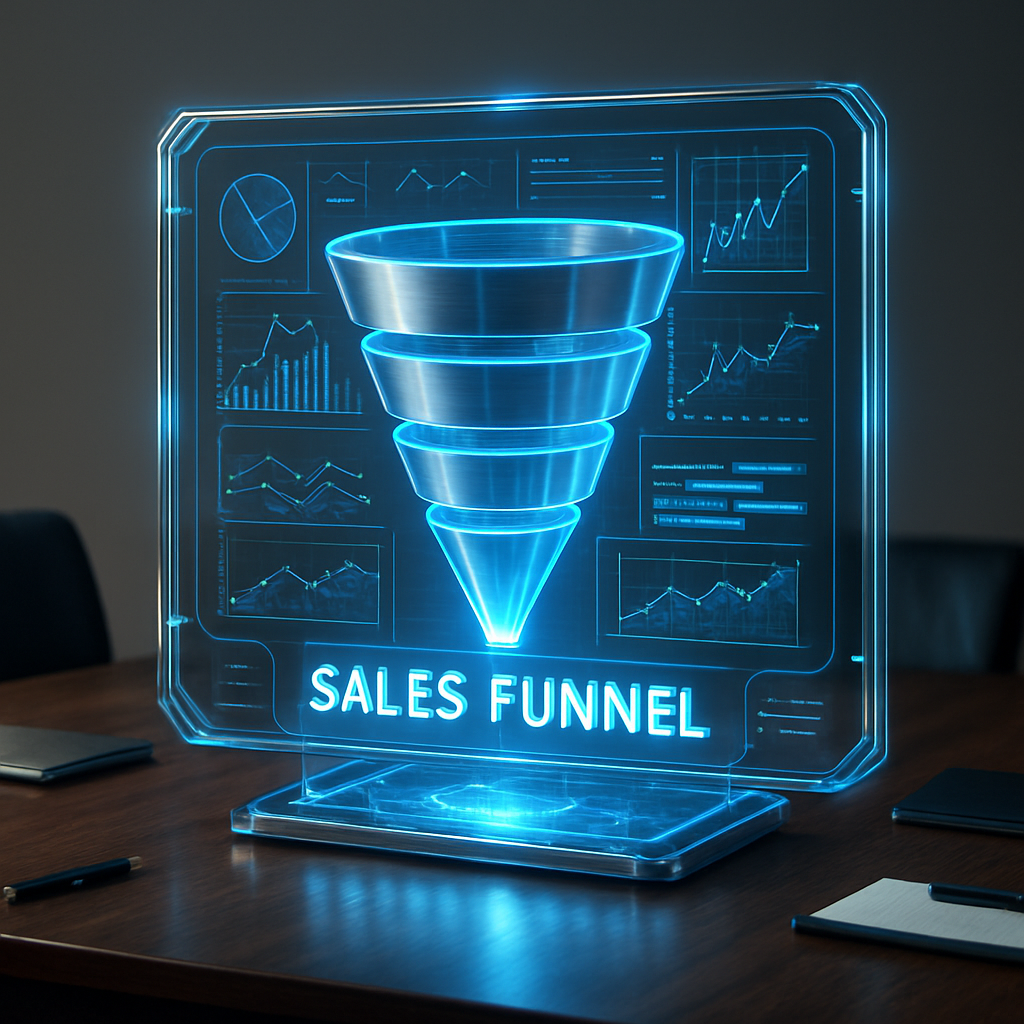 Photorealistic holographic sales funnel projection with dynamic analytics charts.