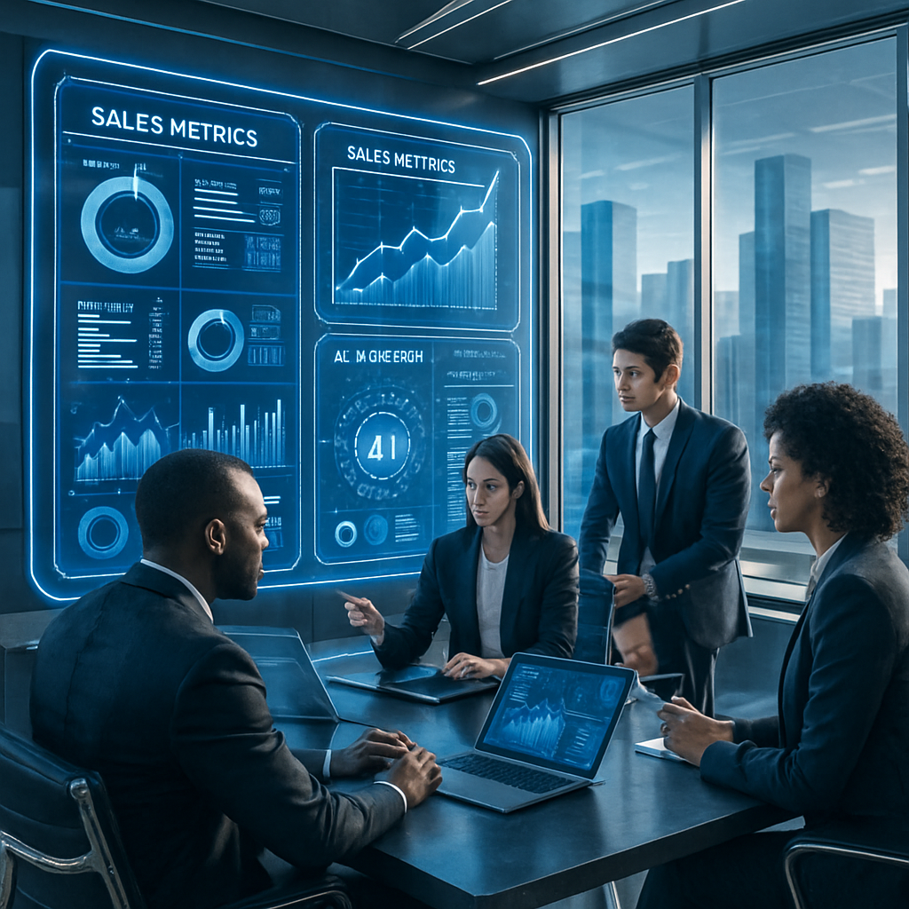 Futuristic workspace with holographic sales dashboards and AI analytics tools in a modern corporate setting.