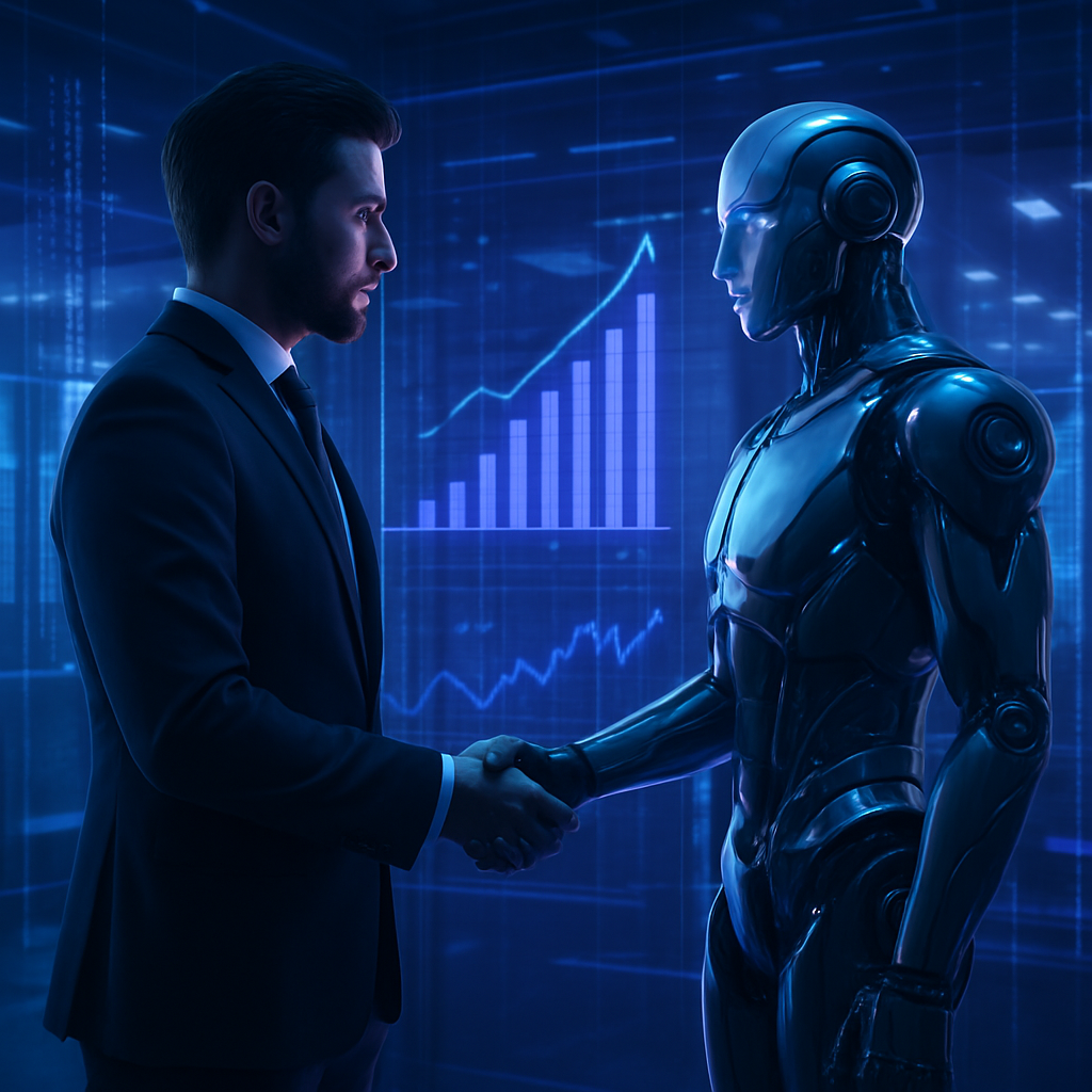 Ultra-realistic digital artwork of a business professional and humanoid AI robot shaking hands in a futuristic office with holographic sales charts and glowing data streams.