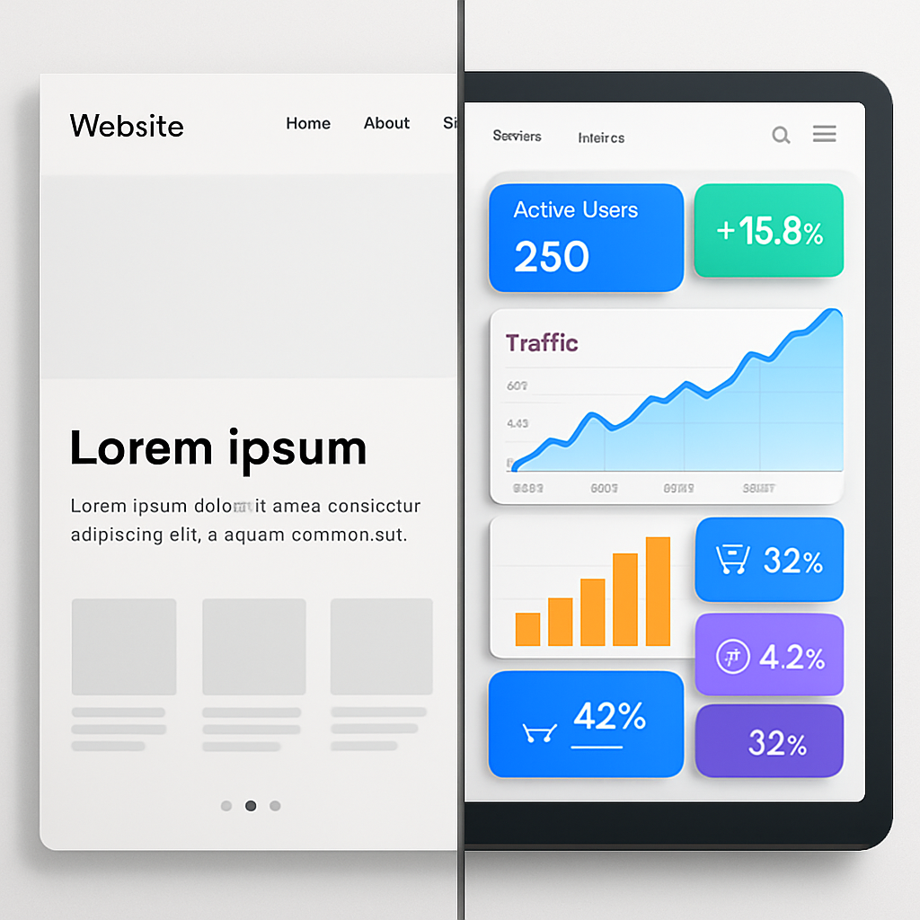 Comparison of a static beautiful website versus one with analytics and conversion growth.