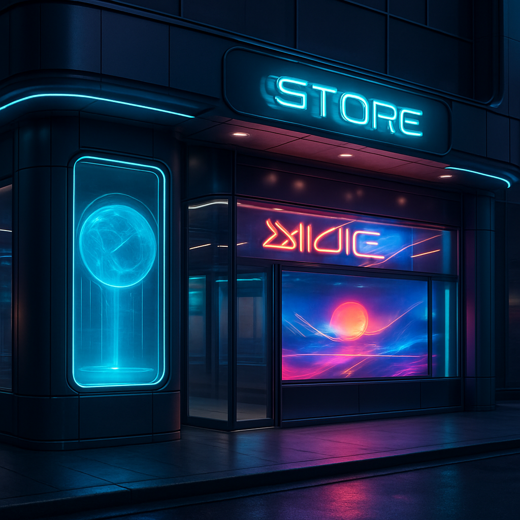 Beautiful futuristic storefront with glowing signs but no customers, symbolizing design without sales.