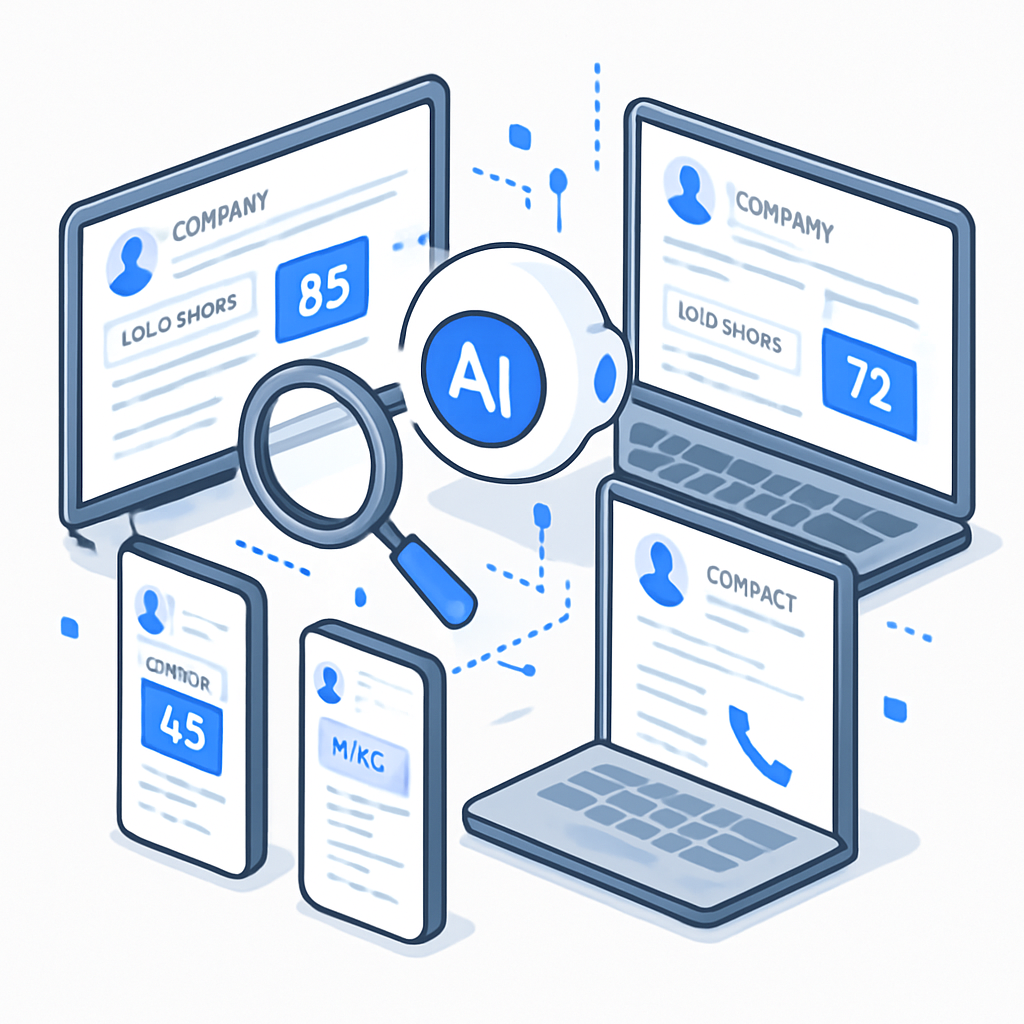 Isometric illustration of AI scanning laptops and smartphones displaying company profiles, lead scores, and contact data in a clean, modern style.