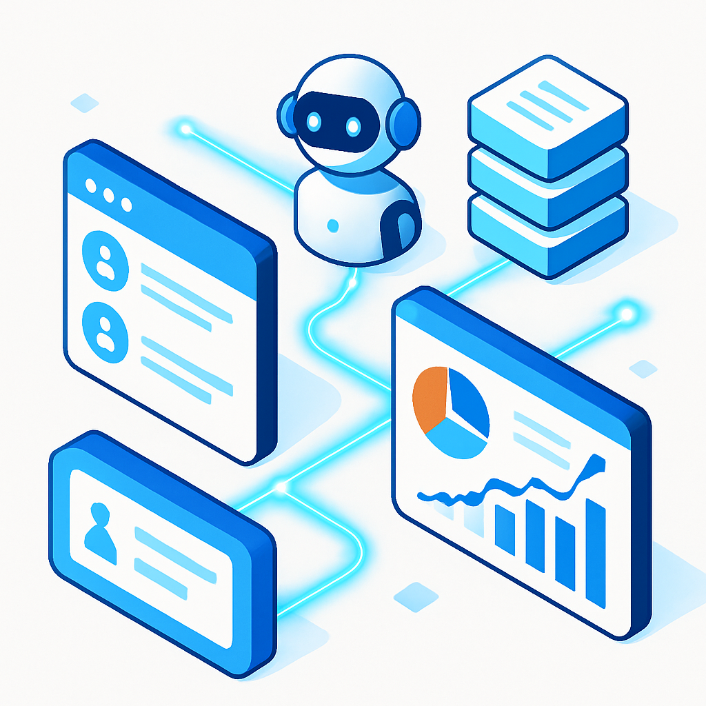 Isometric design showing interconnected sales enablement tools — CRM, AI, and analytics dashboards.